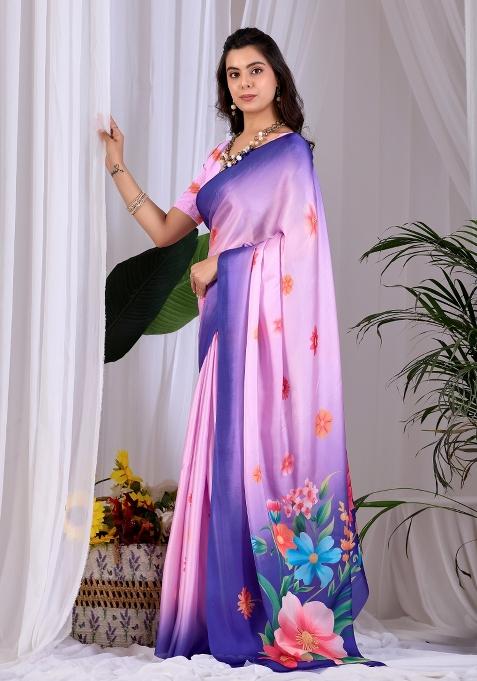 Pink Printed Georgette Saree Set — view on Indya