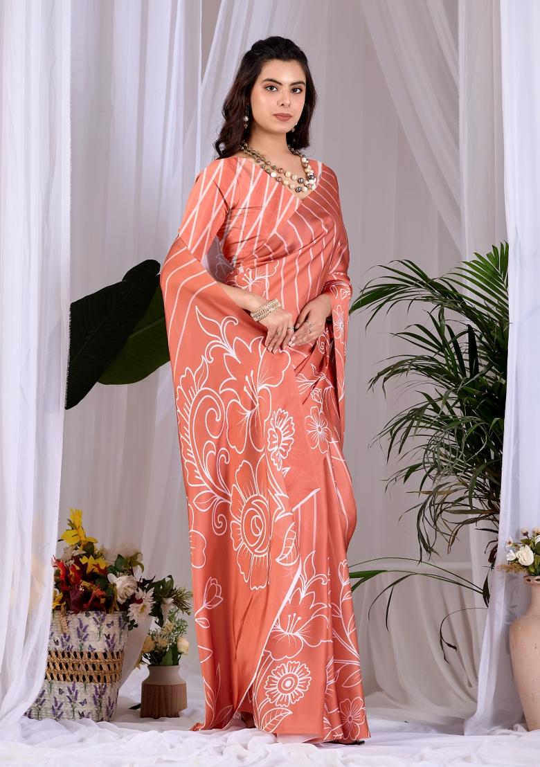 Rust Printed Georgette Saree Set - Indya