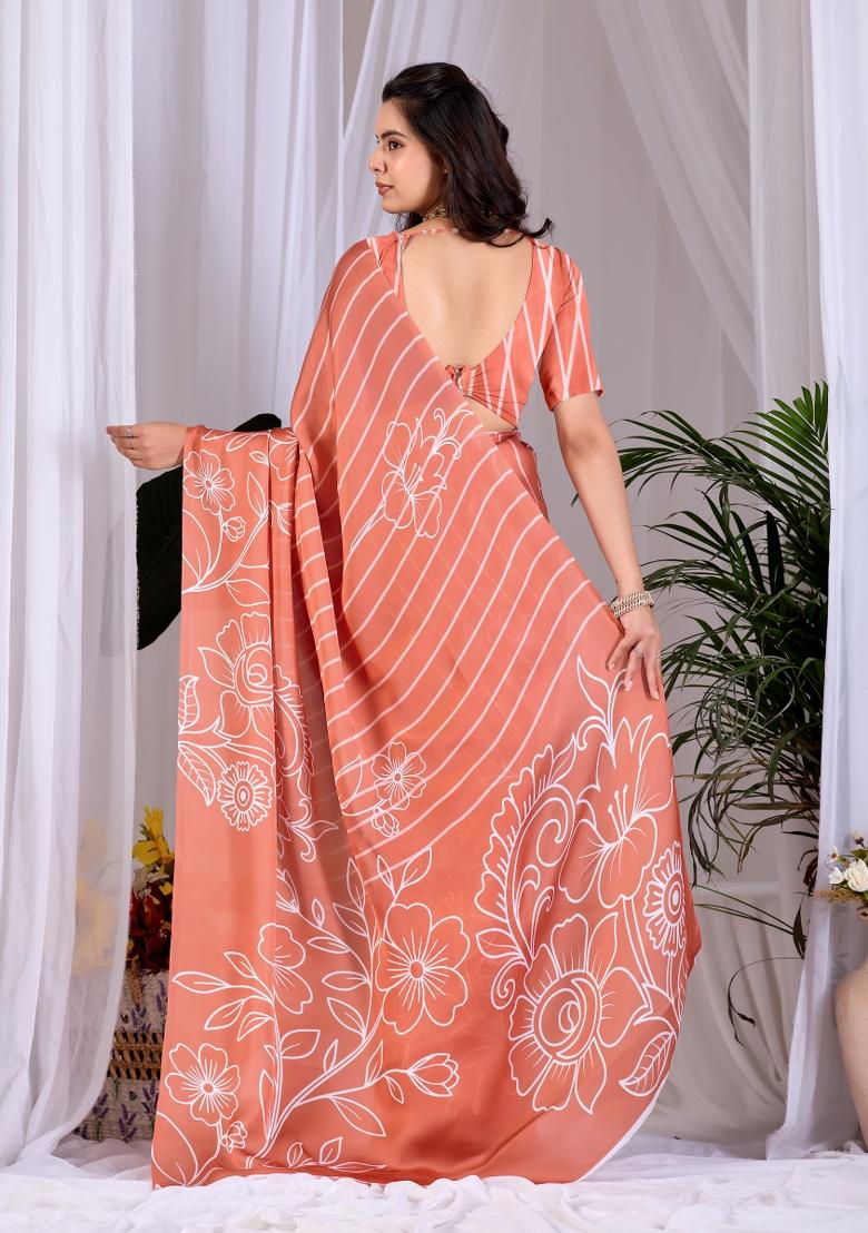 Rust Printed Georgette Saree Set - Indya