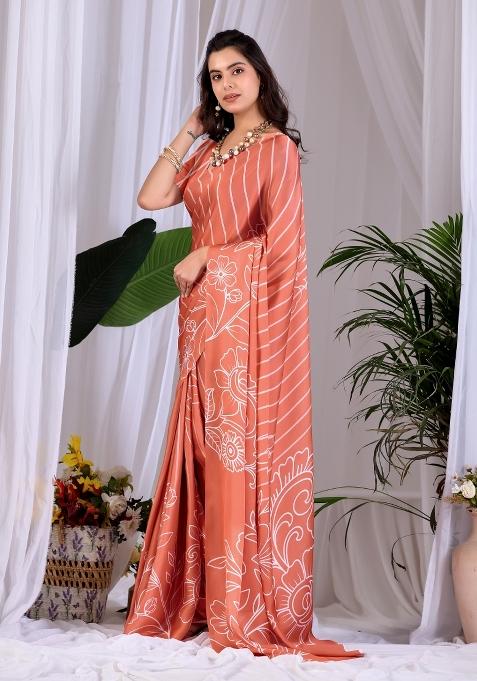 Rust Printed Georgette Saree Set