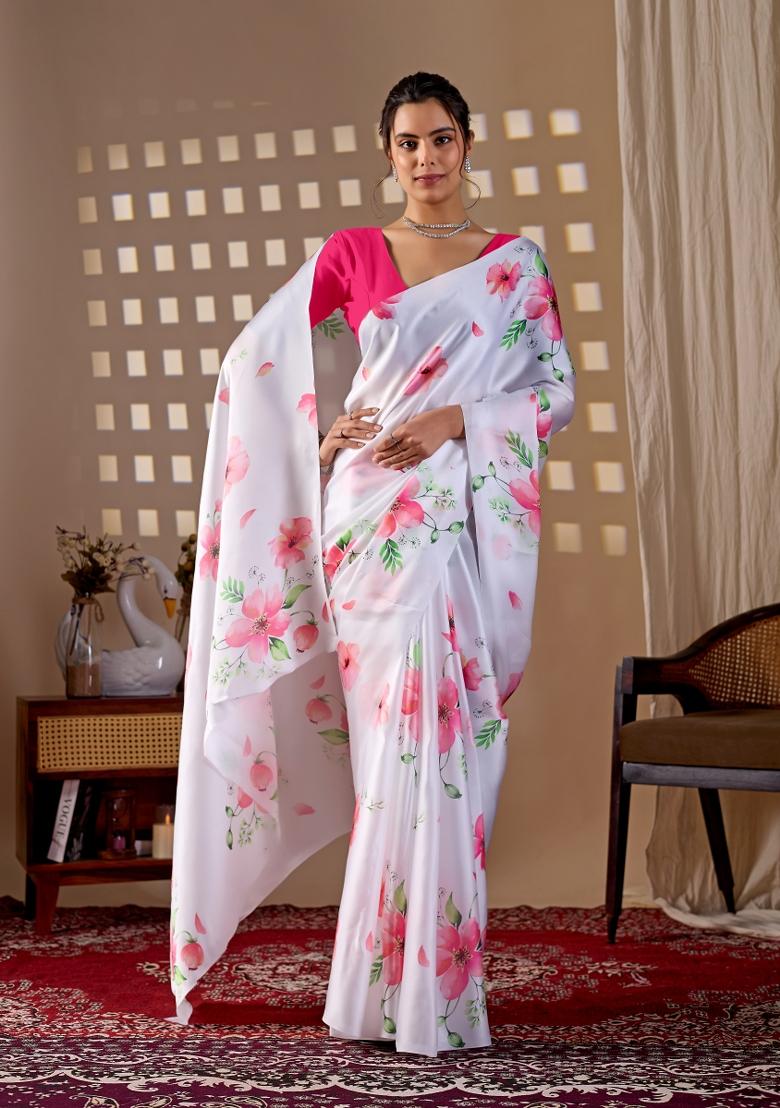 White Printed Georgette Saree Set - Indya