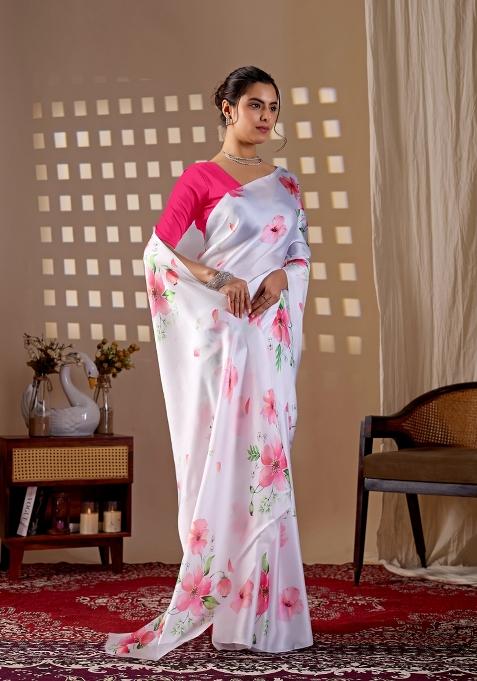 White Printed Georgette Saree Set — view on Indya