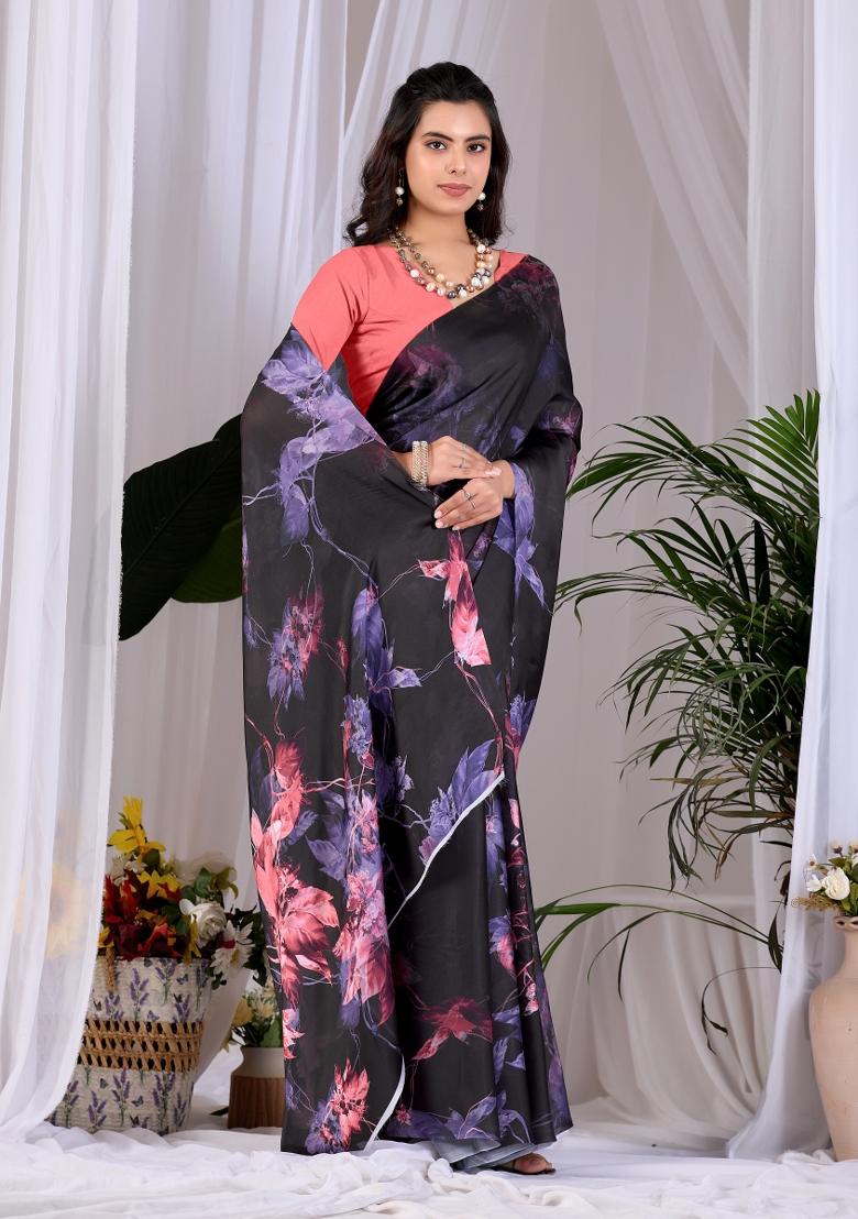Black Printed Georgette Saree Set - Indya