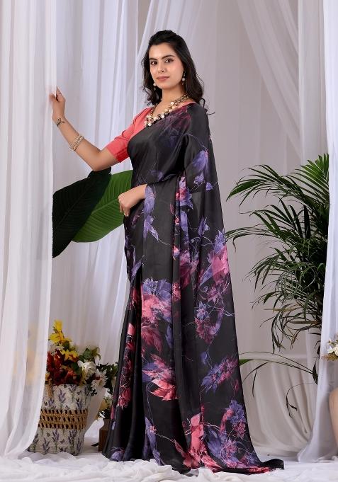 Black Printed Georgette Saree Set — view on Indya