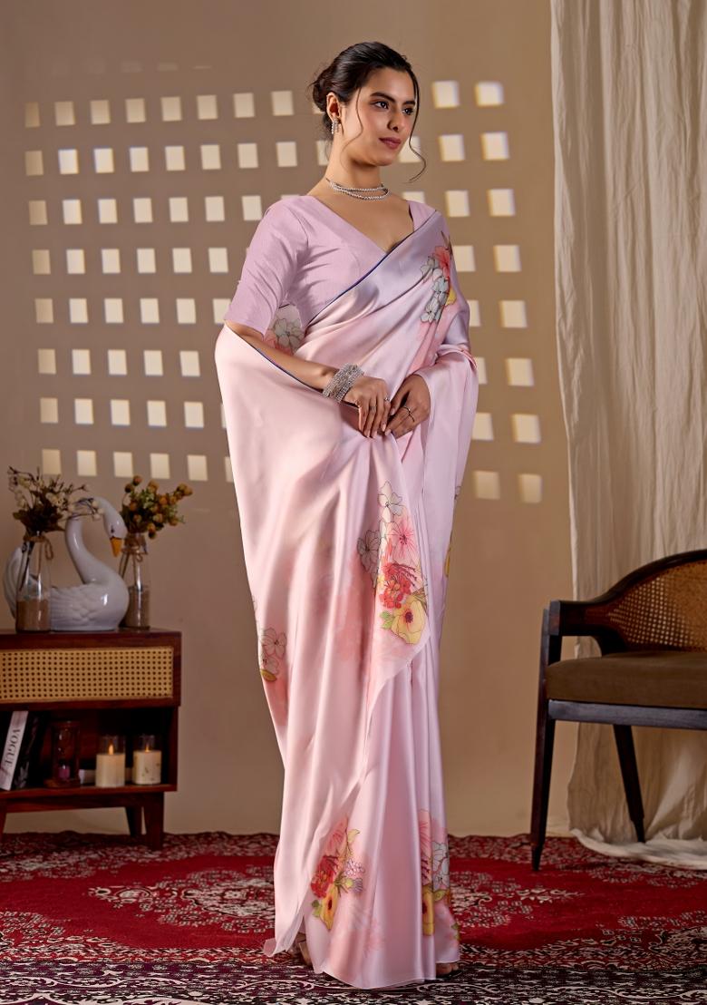 Light Pink Printed Georgette Saree Set - Indya