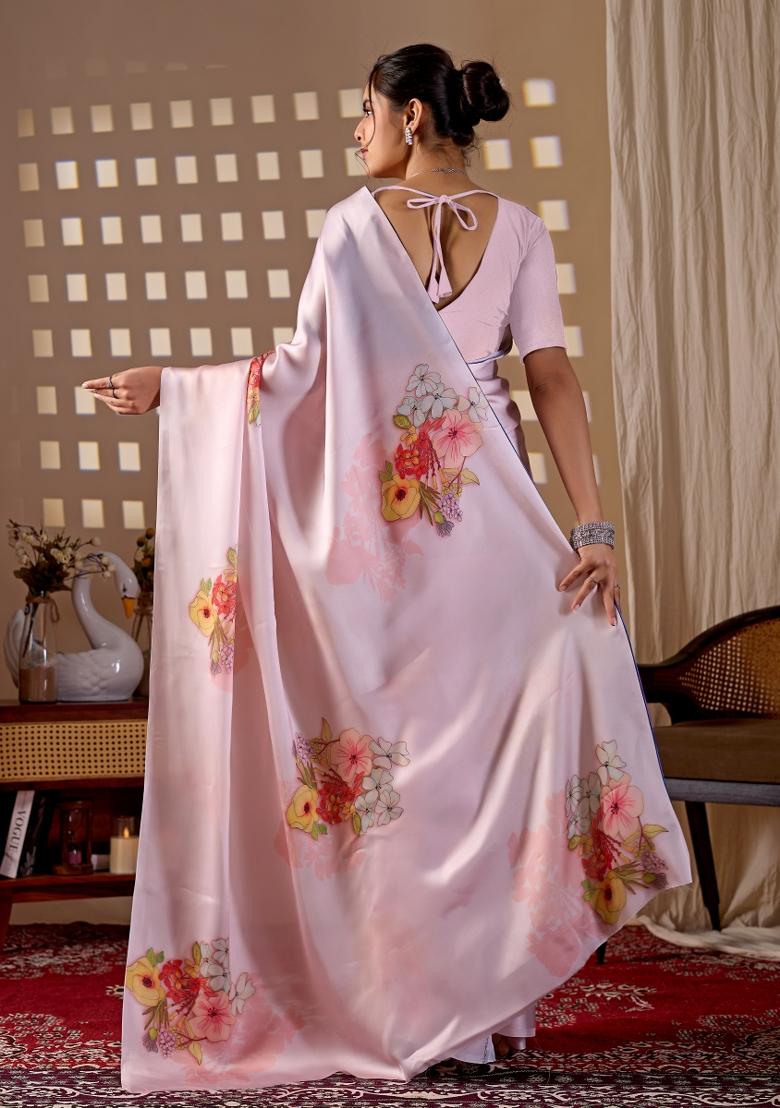 Light Pink Printed Georgette Saree Set - Indya