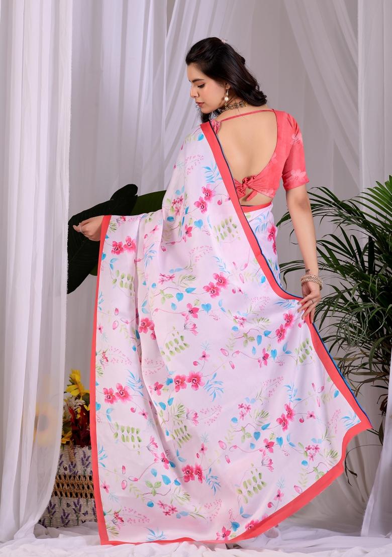 Pink Printed Georgette Saree Set - Indya