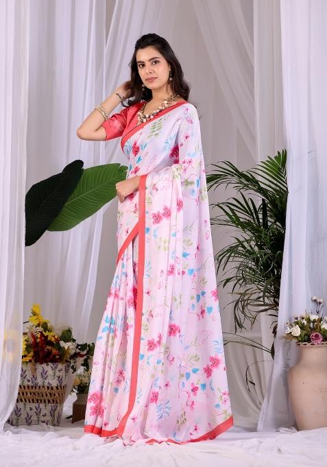 Pink Printed Georgette Saree Set