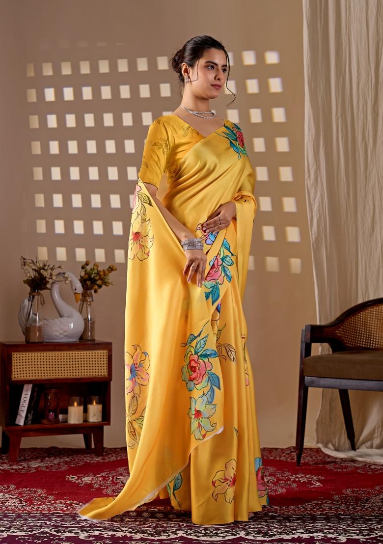 Yellow Printed Georgette Saree Set - Indya