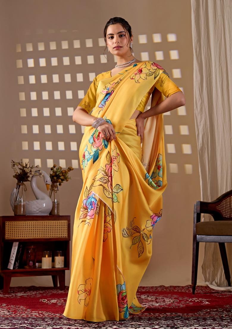 Yellow Printed Georgette Saree Set - Indya