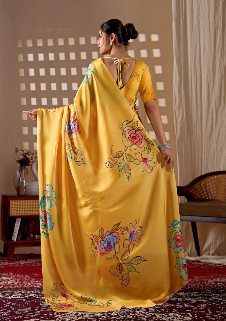 Yellow Printed Georgette Saree Set - Indya