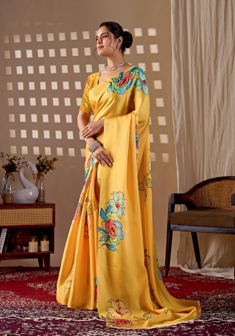 Yellow Printed Georgette Saree Set — view on Indya