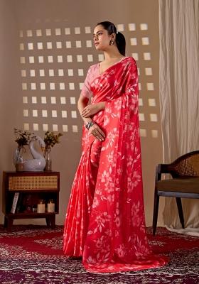 Red Printed Georgette Saree Set