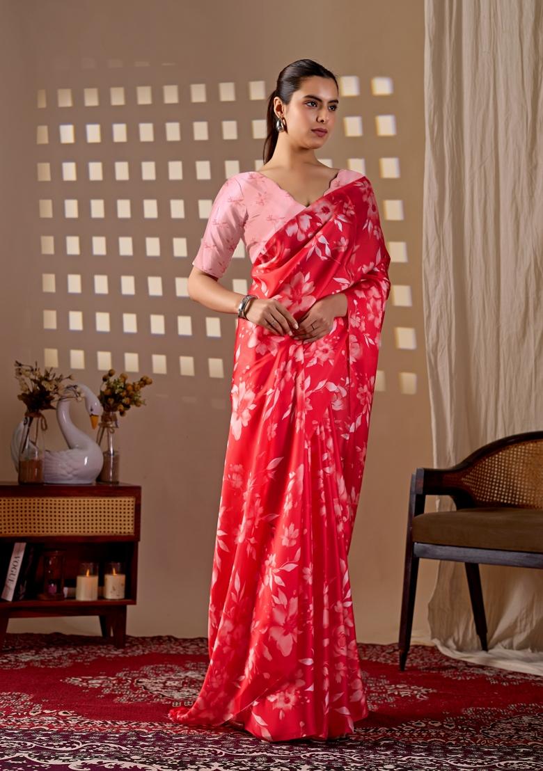 Red Printed Georgette Saree Set - Indya