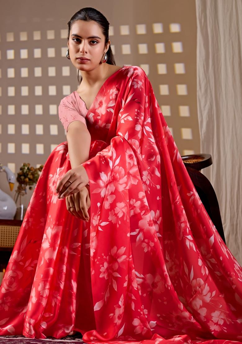 Red Printed Georgette Saree Set - Indya