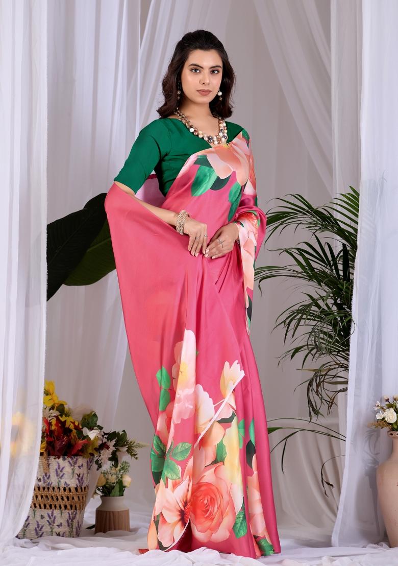 Pink Printed Georgette Saree Set - Indya