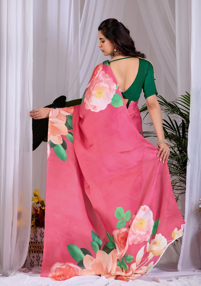 Pink Printed Georgette Saree Set - Indya