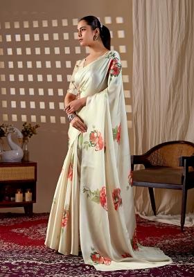 Cream Printed Georgette Saree Set