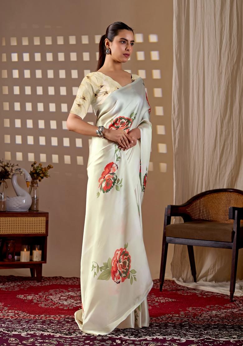 Cream Printed Georgette Saree Set - Indya