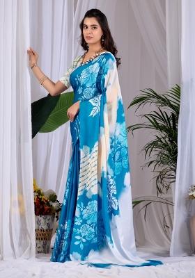 Teal Blue Printed Georgette Saree Set