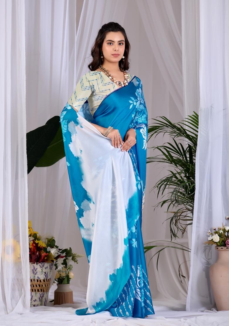 Teal Blue Printed Georgette Saree Set - Indya