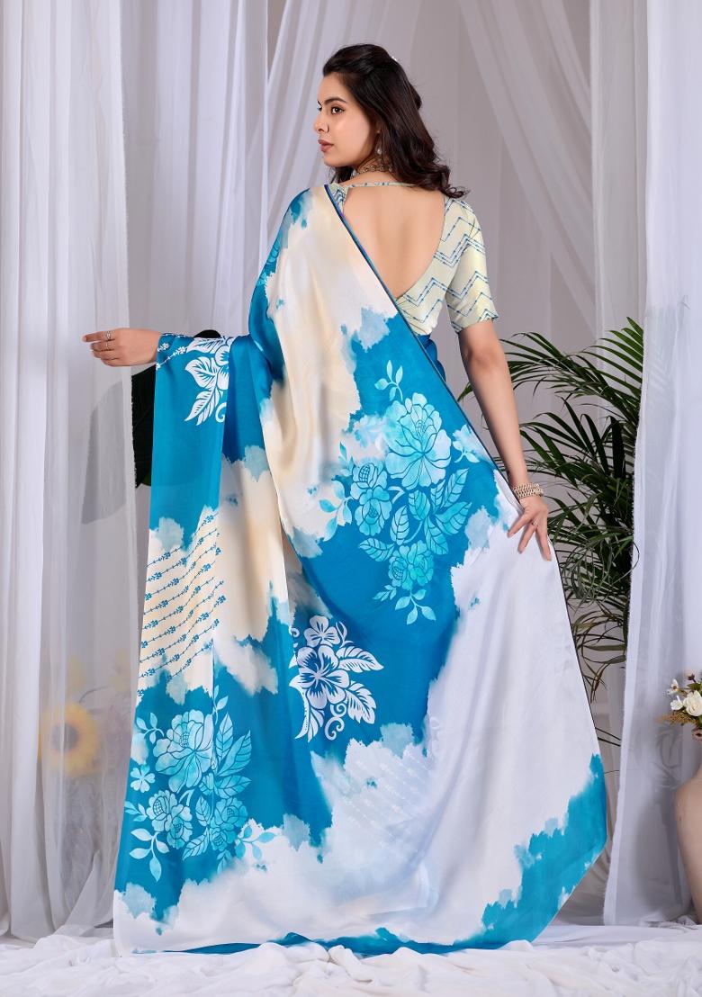 Teal Blue Printed Georgette Saree Set - Indya