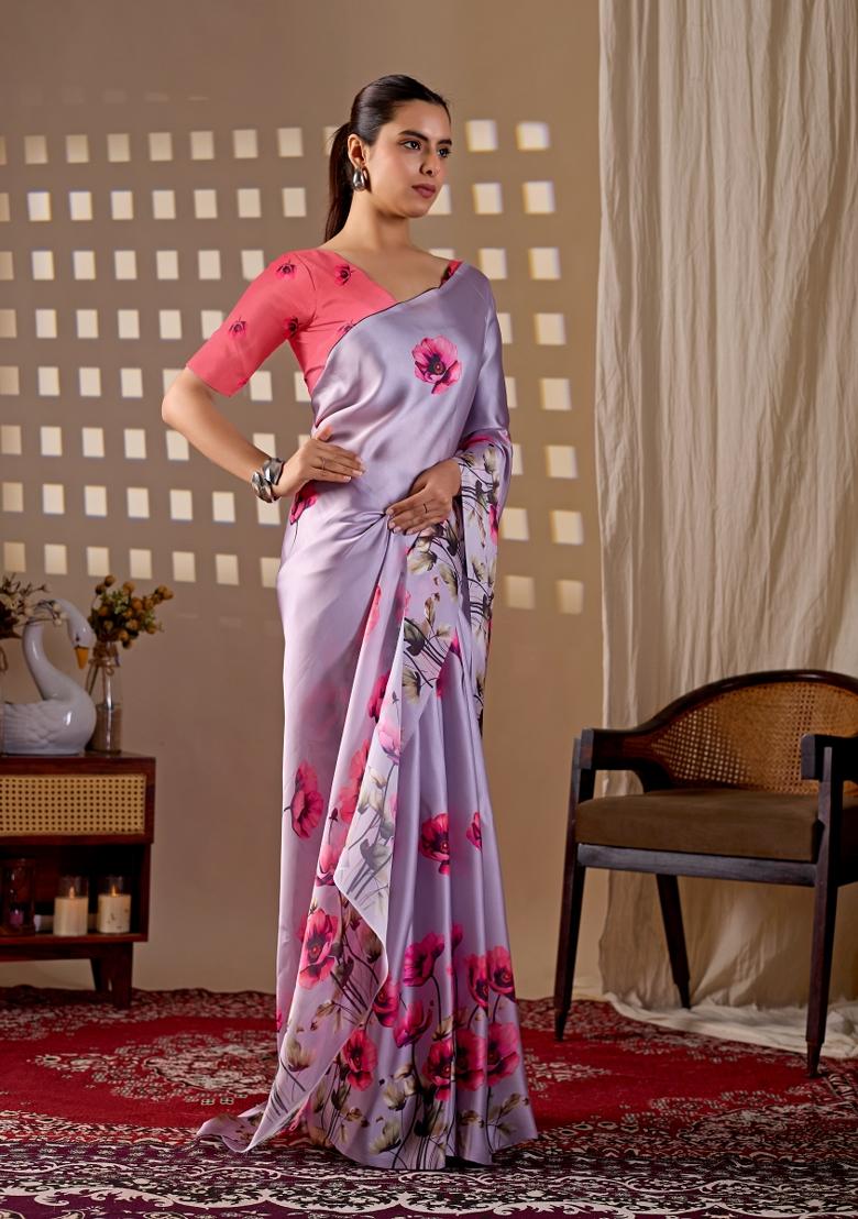 Lavender Printed Georgette Saree Set - Indya