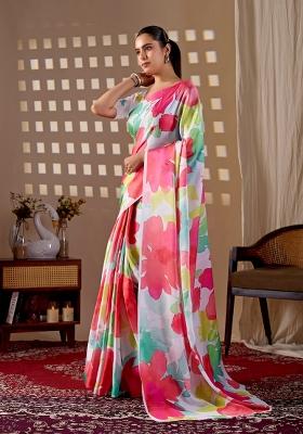 Multicolor Printed Georgette Saree Set