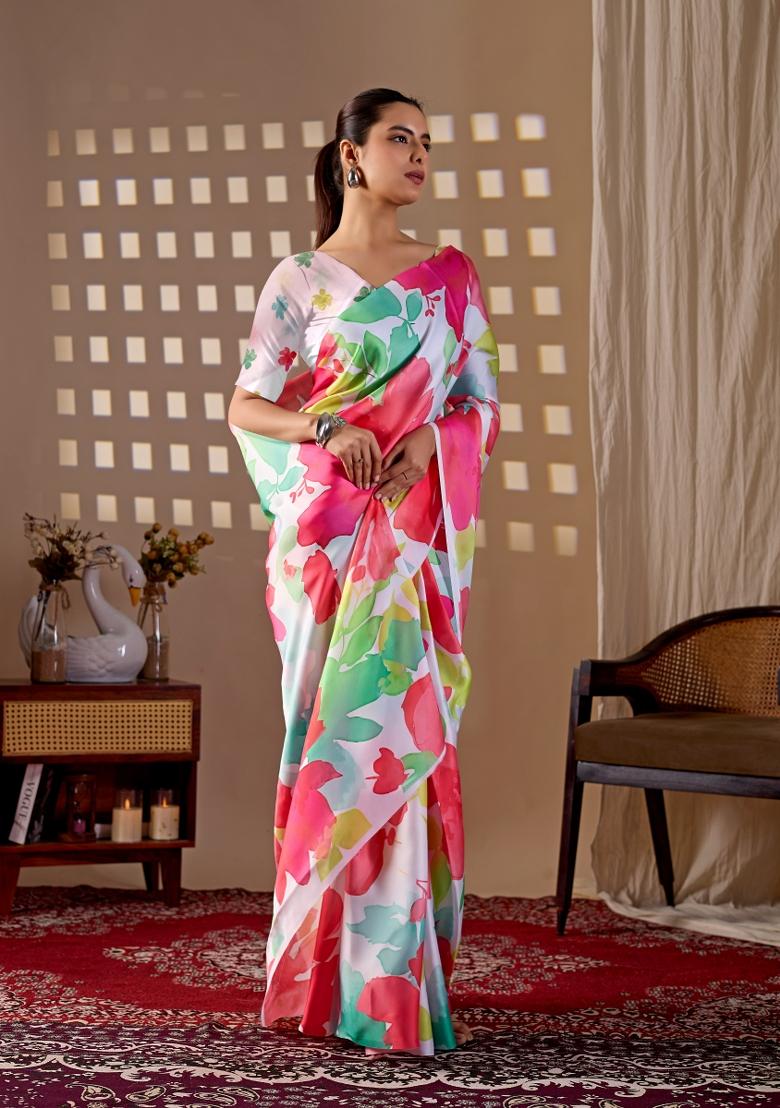 Multicolor Printed Georgette Saree Set - Indya