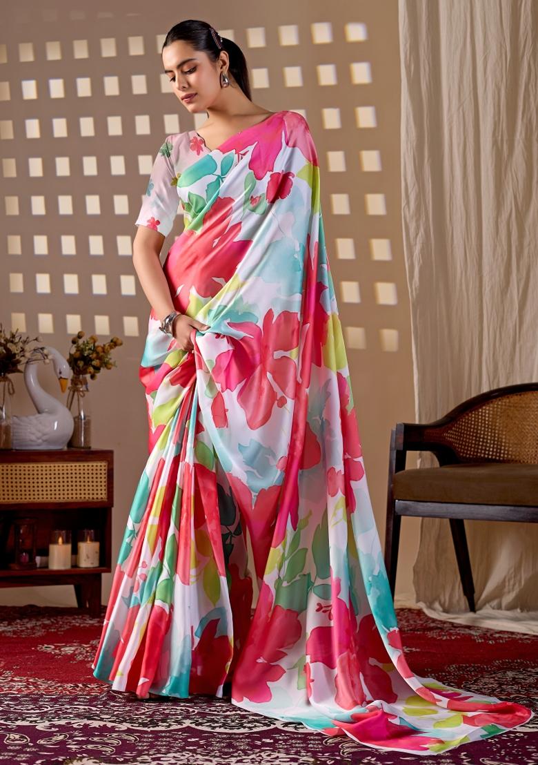 Multicolor Printed Georgette Saree Set - Indya