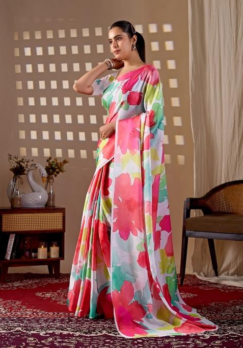Multicolor Printed Georgette Saree Set — view on Indya