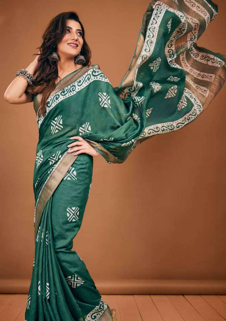 Blue Printed Chanderi Saree Set for Diwali and Festive Wear - Indya