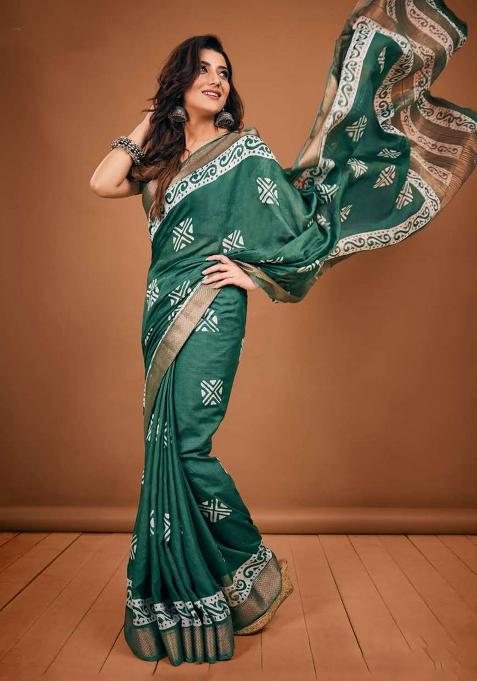 Blue Printed Chanderi Saree Set — view on Indya