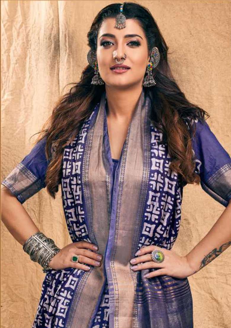 Blue Printed Chanderi Saree Set for Diwali and Festive Wear - Indya