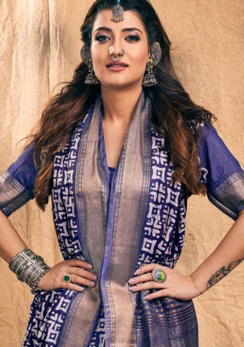 Blue Printed Chanderi Saree Set for Diwali and Festive Wear - Indya