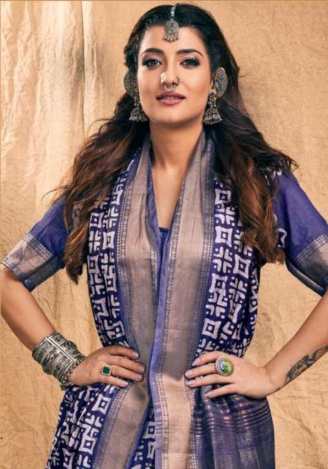 Blue Printed Chanderi Saree Set — view on Indya