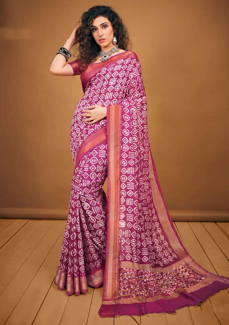 Blue Printed Chanderi Saree Set for Diwali and Festive Wear - Indya