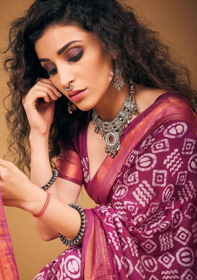 Blue Printed Chanderi Saree Set - Indya