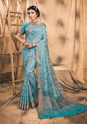 Blue Printed Chanderi Saree Set