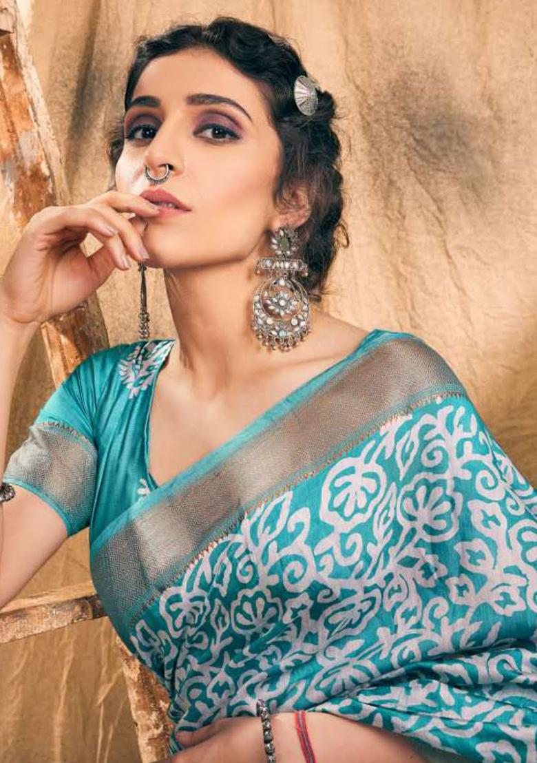 Blue Printed Chanderi Saree Set - Indya