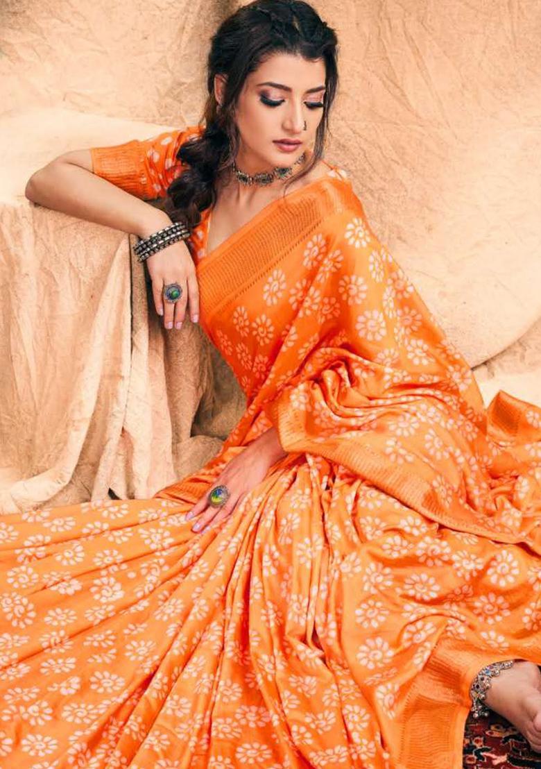 Blue Printed Chanderi Saree Set - Indya