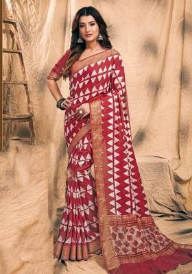 Blue Printed Chanderi Saree Set