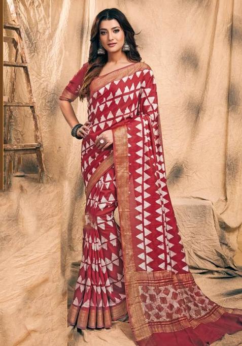 Blue Printed Chanderi Saree Set