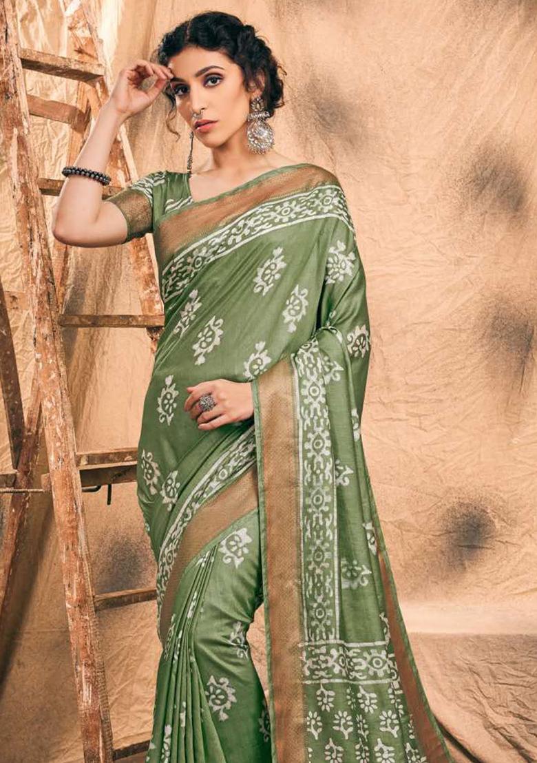 Blue Printed Chanderi Saree Set - Indya