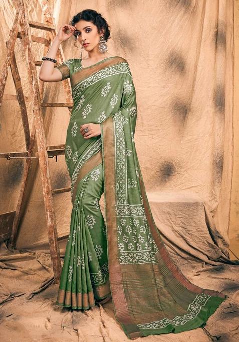 Blue Printed Chanderi Saree Set