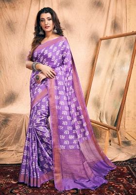 Blue Printed Chanderi Saree Set