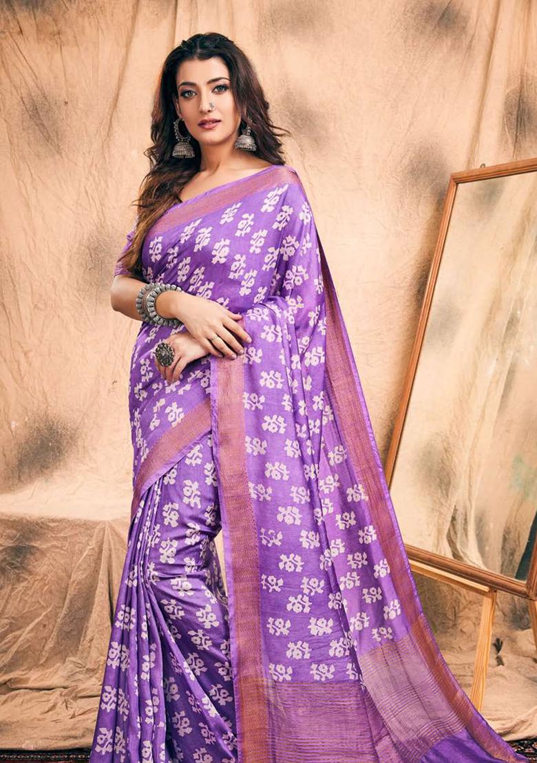 Blue Printed Chanderi Saree Set - Indya