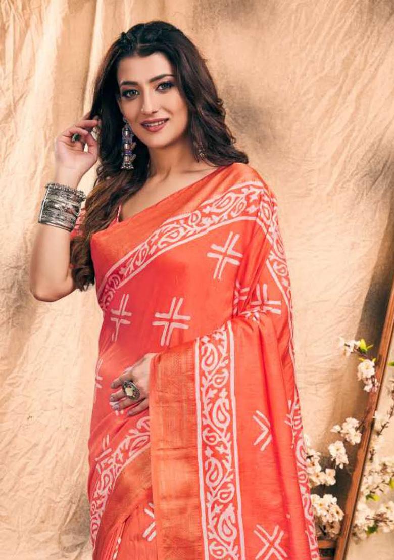 Blue Printed Chanderi Saree Set - Indya