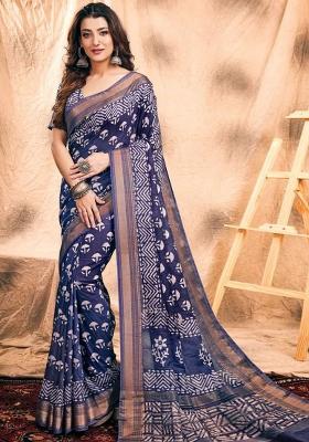 Blue Printed Chanderi Saree Set
