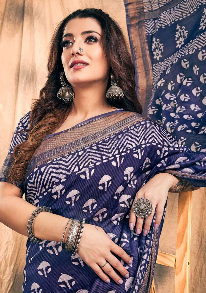 Blue Printed Chanderi Saree Set - Indya